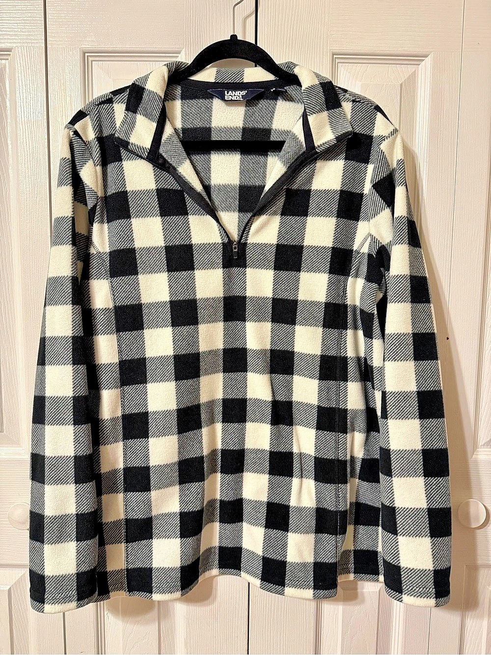 Lands' End Women's Black White Buffalo Check Fleece Quarter Zip Pullover